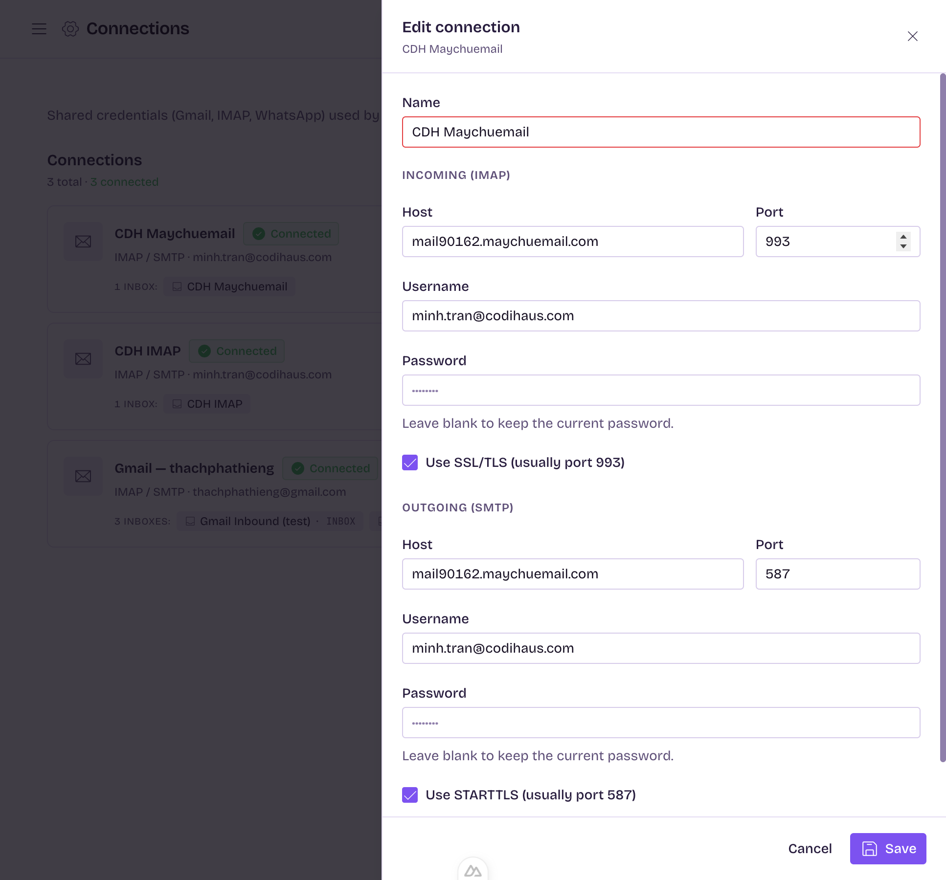 Slideover sửa connection: form IMAP + SMTP, mật khẩu để trống nghĩa là giữ nguyên, nút Test IMAP