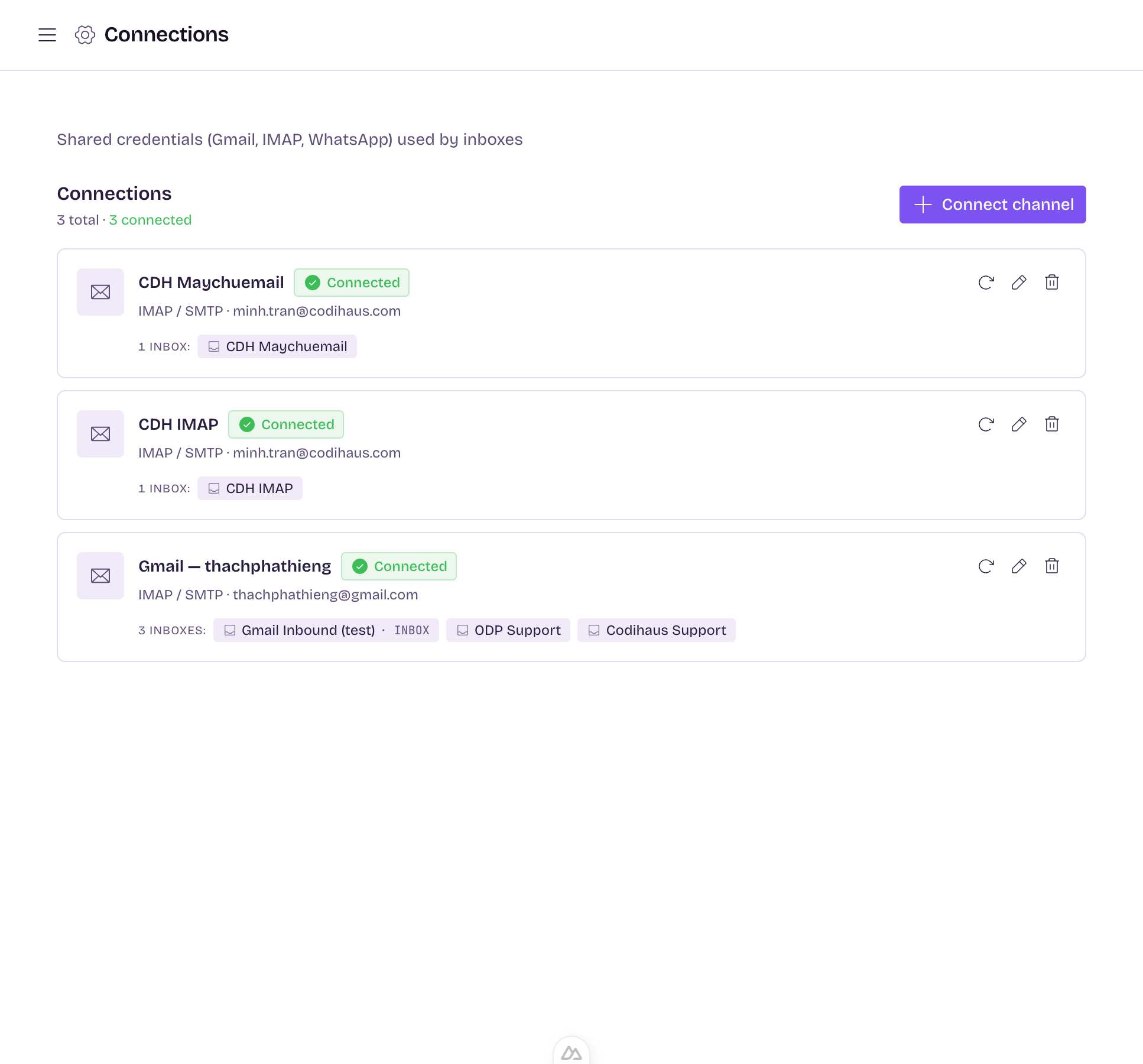 Settings → Connections: danh sách connection với trạng thái Connected và các inbox đang dùng