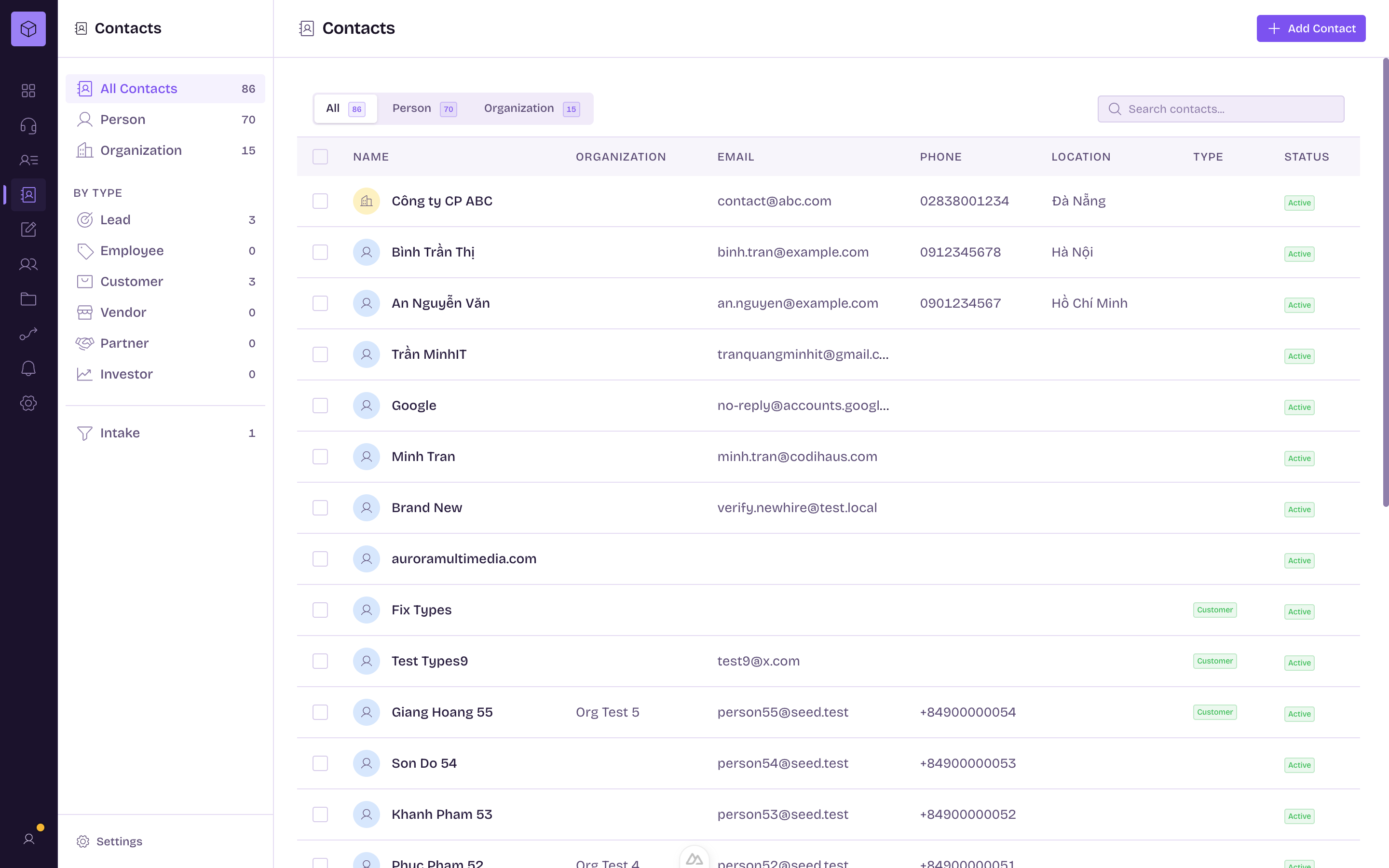 Màn hình danh bạ: sidebar lọc theo Person/Organization và theo type, bảng danh sách, tìm kiếm và phân trang