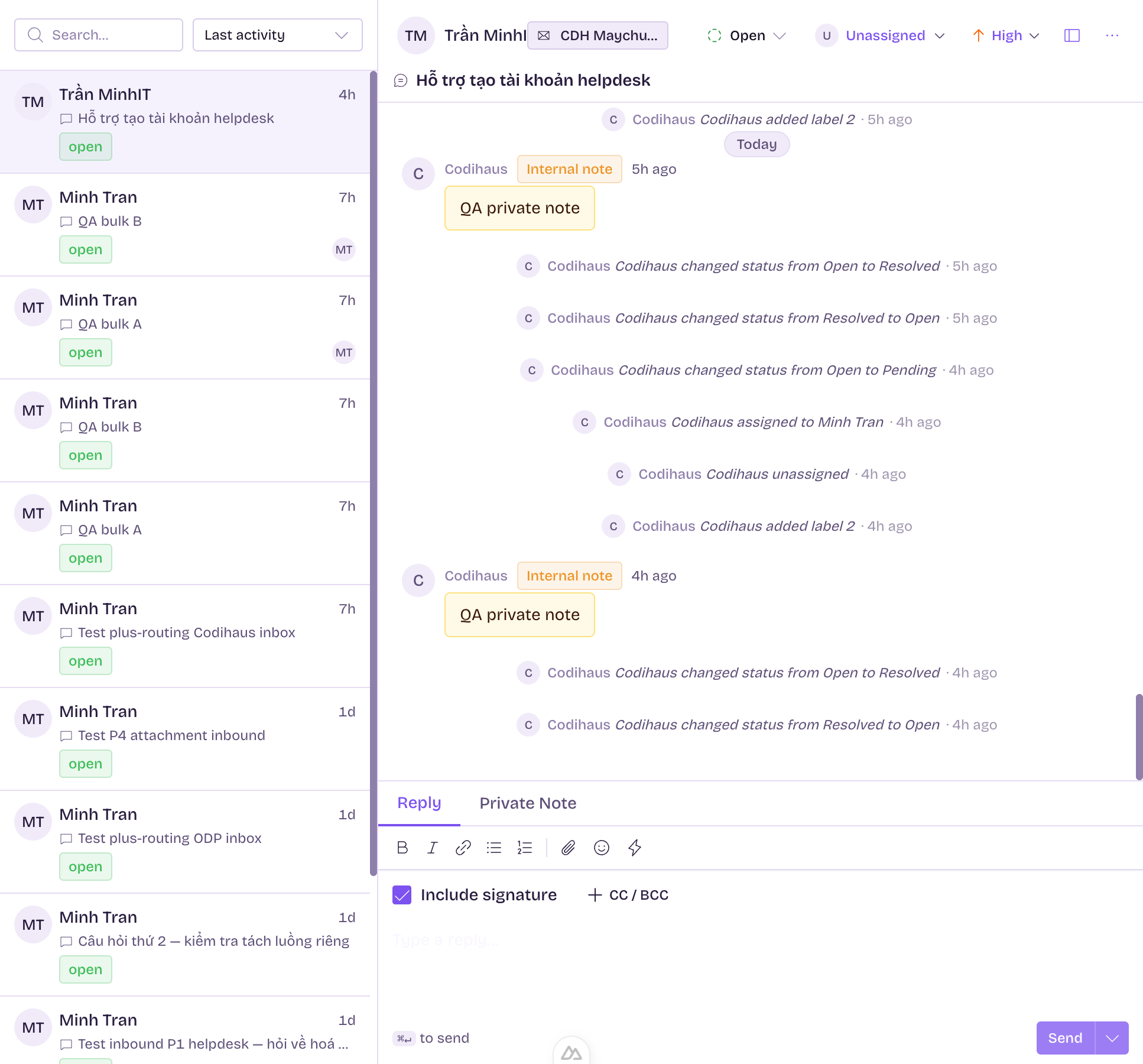 Khung soạn trả lời ở cuối thread — chuyển giữa Reply và Private Note, thanh công cụ, và nút Send