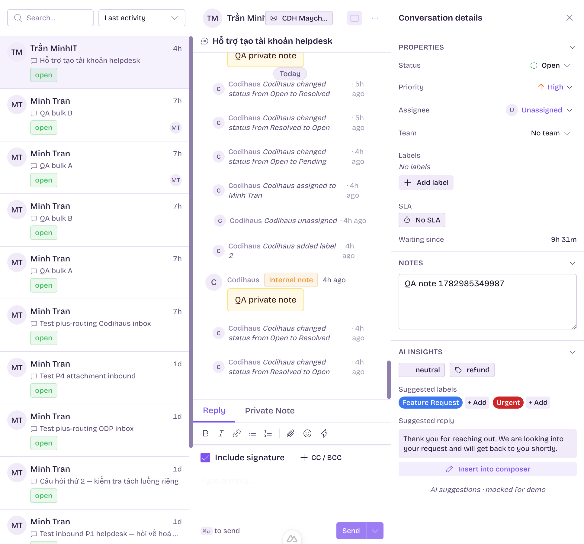 Panel Properties bên phải hội thoại: Status, Priority, Assignee, Team, Labels và Notes